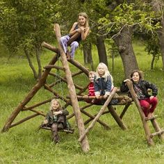 children playing on a wooden play set in the woods