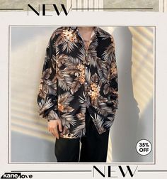 Men's Fashion Retro Long Sleeve Loose Tiny Flower Shirt Hawaiian Long Sleeve Shirt For Spring, Black Shirt With Tropical Print For Spring, Black Tropical Print Shirt For Spring, Hawaiian Long Sleeve Tops For Spring, Long Sleeve Hawaiian Tops For Summer, Long Sleeve Hawaiian Tops For Spring, Hawaiian Long Sleeve Summer Tops, Summer Long Sleeve Hawaiian Tops, Summer Hawaiian Long Sleeve Tops