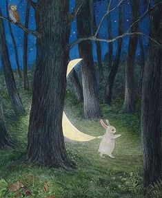 a painting of a rabbit in the woods at night with an owl sitting on top of it