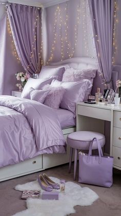 a bedroom with purple bedding and lights on the walls, white furniture and drawers