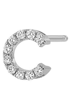 Resplendent diamonds trace the understated typeface of a standalone stud earring that adds a bit of handcrafted personalization to any look. Sold as a single earring. 1/8"W x 1/4"L. Minimum diamond weight: 0.05ct. Color: G. Clarity: VS. Diamond/18k white gold. By Bony Levy; imported. Bony Levy, Gold C, Initial Earrings, Vs Diamond, Single Earring, Stud Earring, Initials, Diamonds, White Gold