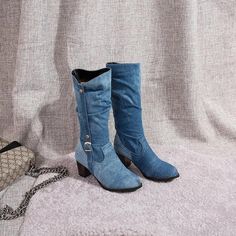 Thick Heel Buckle Cowboy Boots Fall Denim Boots With Round Toe, Denim Boots With Round Toe For Fall, Denim Round Toe Boots For Fall, Casual Denim Boots For Winter, Winter Heeled Boots With Buckle Closure, Casual Spring Knee-high Boots With Closed Toe, Casual Heeled Boots With Buckle Closure And Pointed Toe, Winter Boots With Buckle Closure And Closed Toe, Winter Boots With Buckle Closure