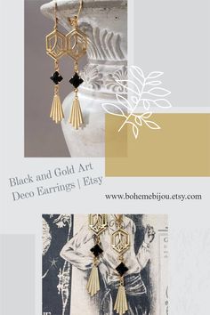 Classic Deco Assemblage Earrings for 1920s Flapper Style Flapper Jewelry, Black And Gold Art Deco, Black And Gold Art, Gold Art Deco Earrings, Jewelry Assemblage, Assemblage Earrings, Jazz Dress, Art Nouveau Earring, Great Gatsby Wedding