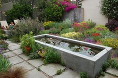 a garden filled with lots of flowers next to a building and water feature in the center