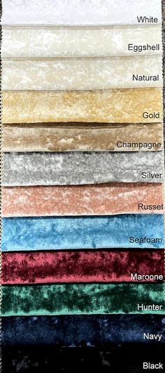 various colors of velvet fabric for bedding and pillows, with names on each side