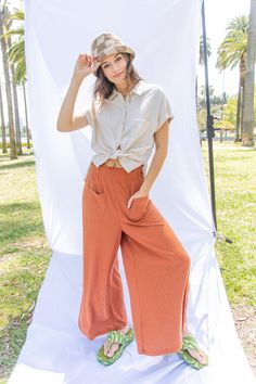 -High Waisted Rib Wide Leg Pants with Pockets-Frilled Elastic Waistband-Wide Leg Palazzo Cut-Front Pockets-Capri-Length-High-Waist95% Polyester 5% Spandex(Model height: 5'9", wearing a Small) Summer Straight Rayon Pants, Wide Leg Bottoms For Fall Vacation, Wide Leg Bottoms For Vacation In Fall, Casual High Waist Wide Leg Rayon Pants, High Waist Rayon Wide Leg Pants For Summer, Summer Wide Leg Rayon Bottoms, Wide Leg Rayon Pants For Day Out, Fall Vacation Wide Leg Bottoms, Stretch Rayon Pants For Summer