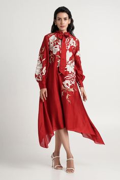 Red midi dress with floral resham embroidery, neck tie-up and asymmetric hem. - Aza Fashions Resham Embroidery, Midi Dress For Women, Red Midi, Red Midi Dress, Womens Midi Dresses, Dress For Women, Dress Pattern, High Collar, Asymmetric Hem