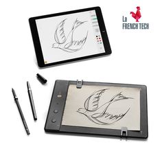 a tablet with a drawing on the screen next to a pen and pencil, which is also being used as an appliance