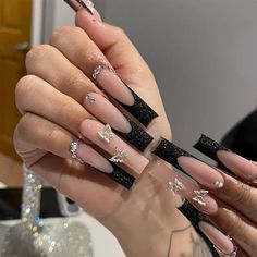 Color Tone: Mixed Color System Nail Shape: Square Shape Nail Length: Long Nail Pattern: Flower,Heart Nail Finishes: Glossy Black French Nails, Solid Color Nails, Nagel Tips, Nails Set, Long Square Acrylic Nails, Unique Acrylic Nails, Nail Supplies, Fake Nail, Nail Length