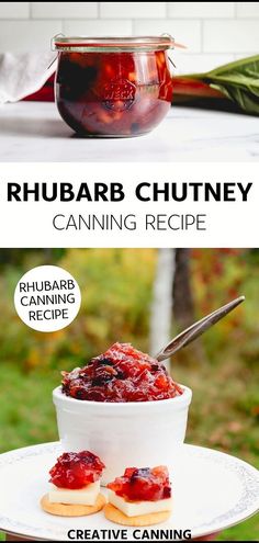 the recipe for rhubarb chutney is shown in two separate images