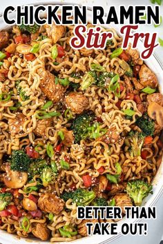 chicken ramen stir fry in a white bowl with broccoli and other vegetables