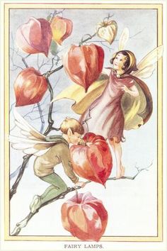 an illustration of two children on a branch with flowers in the background and a fairy flying over them