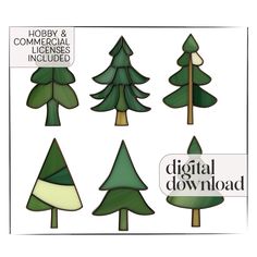 the digital clip art is designed to look like trees with different shapes and sizes, including green