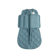 a blue oven mitt with pockets on it