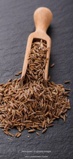 a wooden scoop filled with brown rice on top of a table