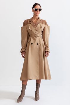 Nude Double Combined Trench Coat This Double Combined Trench Coat is perfect for any season. The fitted waistline flaunts your figure and the wide padded shoulders create a flattering silhouette. It features a mid-calf length and a unique combination of a trench coat with a blazer style. It has front buttons for closur Trench Coat Runway, Double Breasted Coat Women, Beige Trench Coat, Garment Details, Coats Women, Bandage Dress Bodycon, Blazer Style, Double Breasted Coat, Trench Coats Women