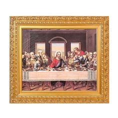 the last supper painting on display in a gold frame