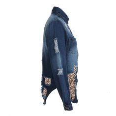 Navy Blue Spliced Leopard Patches Denim Jacket Fall Patchwork Denim Top, Fall Denim Blue Patchwork Denim Top, Fall Denim Blue Patchwork Top, Denim Blue Patchwork Top For Fall, Denim Jacket With Patches Long Sleeve, Denim Jacket With Patches And Long Sleeves, Blue Denim Patchwork Top, Denim Blue Patchwork Denim Jacket, Denim Blue Patchwork Denim Top