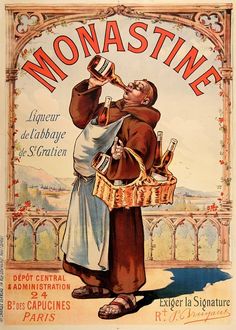 an old poster with a man drinking from a wine bottle and holding a basket in his hand