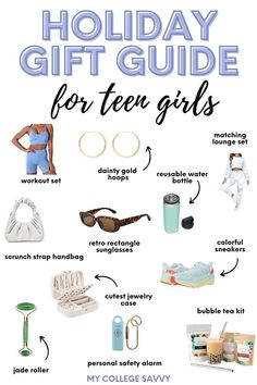 the holiday gift guide for teen girls is shown in blue and white with text that reads,