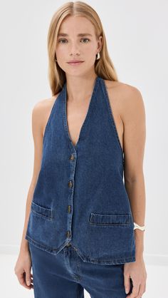 Lioness Hills Halter Vest | Shopbop Chic Medium Wash Denim Vest With Button Closure, Washed Blue Button-up Denim Vest For Summer, Medium Wash Vest With Buttons, Summer Medium Wash Button-up Denim Top, Sleeveless Vest With Button Closure In Medium Wash, Sleeveless Medium Wash Vest With Button Closure, Medium Wash Sleeveless Vest With Button Closure, Chic Denim Vest With Button Closure, Light Wash Denim Vest With Snap Buttons For Summer