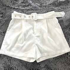 Super Cute Tailored Like Trouser Shorts. Never Worn! White Belted Shorts For Summer, White Belted Bottoms Short Length, White Belted Short Bottoms, White Belted Short Length Bottoms, Trendy White Shorts For Workwear, Trendy White Belted Bottoms, Short Trousers, Trouser Shorts, Pleated Jacket