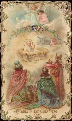 an old fashioned christmas card with angels and baby jesus