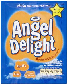 angel delight buttered biscuits with fresh milk on the front and blue sky in the background