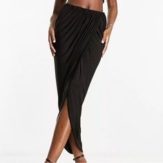 Pull-On Style Wrap Design Midi Silhouette Made In Turkey No Tags But Never Worn Black Draped Bottoms For Evening, Elegant Black Draped Bottoms, Black Draped Bottoms For Night Out, Chic Black Draped Maxi Skirt, Black Draped Skirt For Night Out, Chic Black Draped Long Skirt, Chic Black Long Draped Skirt, Black Relaxed Draped Skirt For Night Out, Spring Black Draped Skirt For Night Out