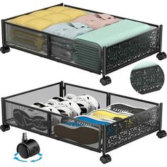 two black mesh storage bins with shoes and shirts in them, one on wheels