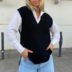 Description: Material: Acrylic Korean Preppy, Preppy Pullover, White Korean, Vest Knitted, Sweater Vest Outfit, Split Sweater, Black Korean, Sleeveless Sweater Vest, Loose Top