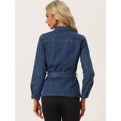 Allegra K Casual Denim Jacket for Women's Button Up Long Sleeve Washed Jean Jackets with Belt. Designed with a vintage concept and a comfy casual touch for daily wear, this denim jacket can be worn for all occasions. A refined turn-down collar and waist belt, accentuate the elegance of this solid denim jacket, and can easily meet your need. You can pair it with a cute dress, jeans, casual pants, and skinny pants all year and the fit and look is casual. Denim Outerwear With Lapel Collar And Buttons, Denim Outerwear With Buttons And Lapel Collar, Fall Blue Denim Top With Buttoned Pockets, Medium Wash Utility Jacket For Winter Workwear, Winter Workwear Medium Wash Utility Jacket, Retro Button-up Denim Jacket For Work, Winter Medium Wash Utility Jacket For Work, Collared Denim Blue Outerwear With Buttoned Pockets, Spring Denim Jacket With Double Button Closure