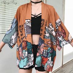 Harajuku Printed Japanese Kimono Blouse Top on Storenvy Yukata Women, Kawaii Shirts, Kimono Blouse, Kimono Vintage, Beach Kimono, Japanese Streetwear, Womens Kimono, Japanese Outfits, Vintage Kimono