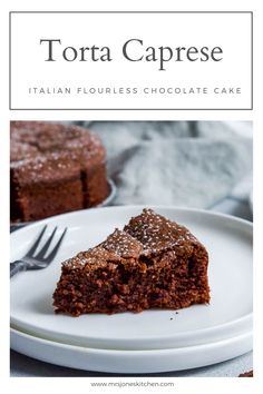 a close up of a piece of cake on a plate with the words torta caprese above it