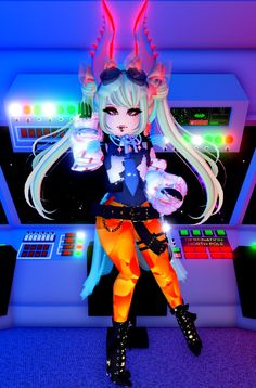 an animated girl in front of a computer screen with neon lights on her face and hands