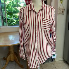 Women’s Liz Claiborne Long Sleeve Button Down Shirt Blouse New With Tags Size: Medium Color: Red And White Striped The Photos Don’t Do This Blouse Justice! It’s An Amazing Feel Fabric And Feels Durable For Many Wears And Washes. Thank You For Your Interest! Smoke Free And Cat Friendly Home Womens Denim Shirt, Black Sheer Top, Button Down Blouse, Cat Friendly, Long Sleeves Jacket, Red And White Stripes, Linen Women, Silk Shirt, Liz Claiborne