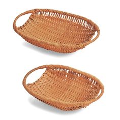 two wicker baskets sitting side by side on a white background, one is empty and the other has no handles