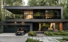 a car is parked in front of a modern house