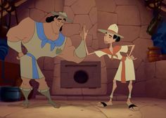 an animated scene with two people standing in front of a stone fireplace, one holding his hand out to the other