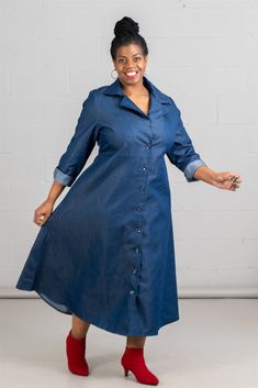 Denim Shirt Dress 1 piece Button Down Dress Colors: Dark Denim Sizes: One Size Fit up to 2X Denim Blouse Outfits, Denim Shirt Dress Outfit, Denim Kurti, Turkey Cartoon, Shirt Dress Fall, Denim Aesthetic, Denim Duster, Jumpsuit Denim, Denim Street Style