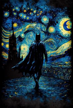 the dark knight is walking in front of starry night