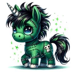 a green pony with black hair and a skull on it's face