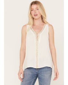 Idyllwind Women's Camellia Sleeveless Top, Ivory Flowy Sleeveless Rayon Top, Chic Rayon V-neck Tank Top, Casual Sleeveless Viscose Blouse, Elegant Sleeveless Rayon Tops, Chic Sleeveless Rayon Blouse, Fitted Rayon Tank Top For Spring, Spring Rayon Tank Top For Day Out, Chic Rayon Tank Top For Beach, Casual Viscose Sleeveless Blouse Tank Top