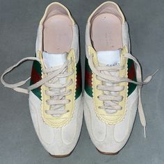 Gucci Suede Sneakers. Great Condition. Very Minimal Signs Of Wear (One Small Spot At The Bottom Of The Left Edge). Comes In Original Box And With Original Travel Bags. Gucci Casual Cream Sneakers, Casual Gucci Cream Sneakers, Casual Cream Gucci Sneakers, Gucci Casual Slip-on Sneakers, Gucci Beige Low-top Sneakers, Gucci Sneakers With Vulcanized Sole And Lace-up, Gucci Low-top Cream Sneakers, Gucci Low-top Sneakers With Textured Sole, Gucci Cream Low-top Sneakers