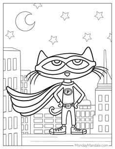 a cartoon cat in the city with stars and moon on it's face, coloring page