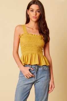 Mustard Peplum Tank Tank Top Ideas, Strapless Tank Top, Peplum Tank Top, Ladylike Style, Grace And Lace, Boho Boutique, Yellow Tank Top, Ruffle Tank Top, Top Ideas