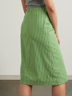 DRIES VAN NOTEN Tie-detailed striped cotton midi skirt | NET-A-PORTER Chic Skirt With Striped Hem And Relaxed Fit, Chic Midi-length Cotton Maxi Skirt, Chic Relaxed Skirt With Striped Hem, Chic Cotton Maxi Skirt Midi Length, Chic Cotton Maxi Skirt In Midi Length, Cotton Pleated Midi Skirt Dress, Cotton Midi Dress With Pleated Skirt, Relaxed Midi Dress With Lined Skirt, Spring Striped Long Skirt