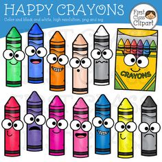 happy crayons clipart with different colored crayons and their faces on them