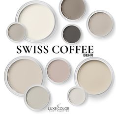 six different shades of paint for the swiss coffee behr color scheme, with text that reads swiss coffee behr