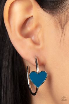 ​Kiss Up - Blue Heart - Silver Hoop Earrings - Paparazzi Accessories - A charming Mykonos Blue heart adorns the front of a classic silver hoop resulting in a whimsical fashion. Earring attaches to a standard post fitting. Hoop measures approximately 1 1/4 in diameter. Sold as one pair of hoop fashion earrings. Blue Heart Earrings, Mykonos Blue, Southern Charms, 1st Dibs, Stay Blessed, Pink Peacock, Heart Hoop Earrings, Yellow Earrings, Whimsical Fashion